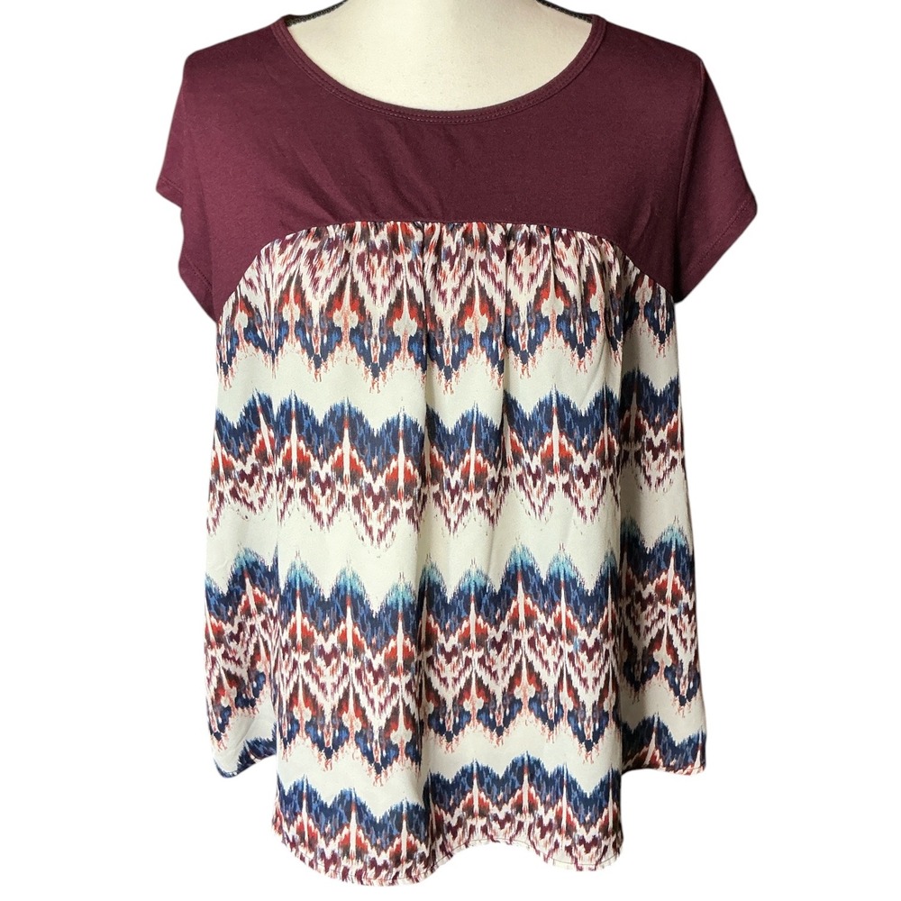 Rewind Burgundy Ikat Mixed Media Top Women XL Lattice Back NHW41721BJ